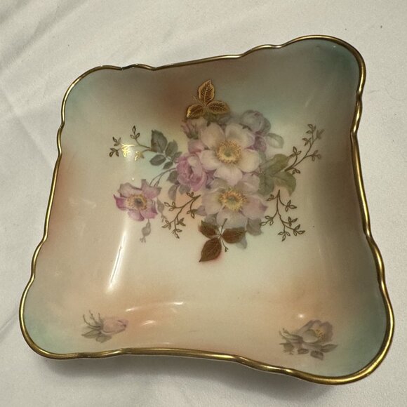 Vintage SCHUMANN ARZBERG Wild Rose Square Bowl Candy Trinket Dish Gold Trim - Picture 4 of 12